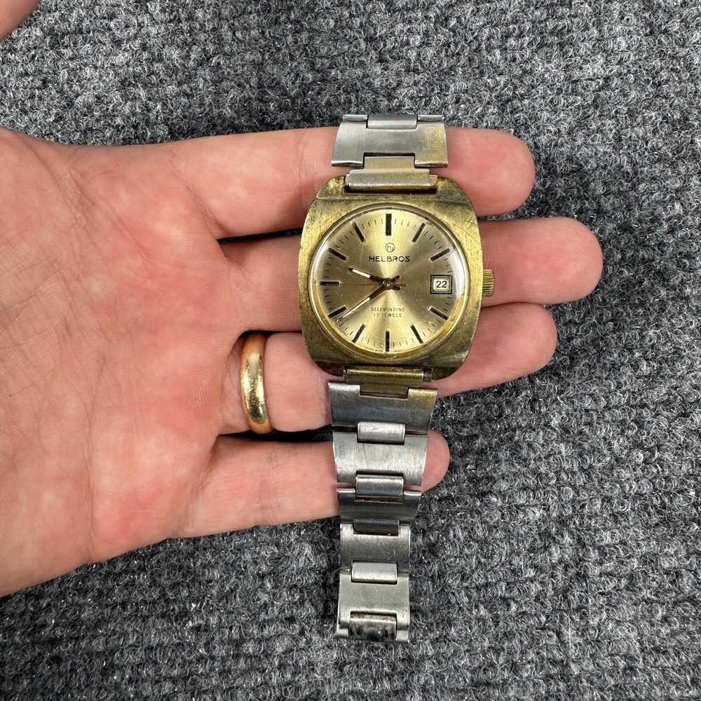 Vintage Helbros Selfwinding 17 Jewels Automatic Men's Watch Date Gold Tone RUNS